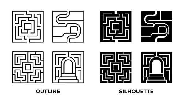 Maze and Doorway Iconography: A collection of maze icons in outline and silhouette styles, featuring a central path leading to a stylized doorway, representing challenges and solutions.