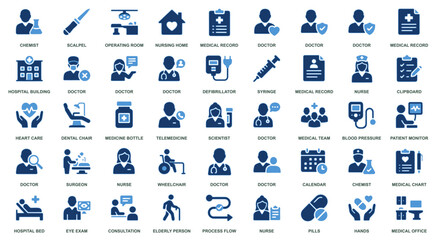Naklejka premium Medical icons set with 45 blue flat vector elements. Healthcare symbols for hospital, doctor, and patient care. Professional clinic UI icons.