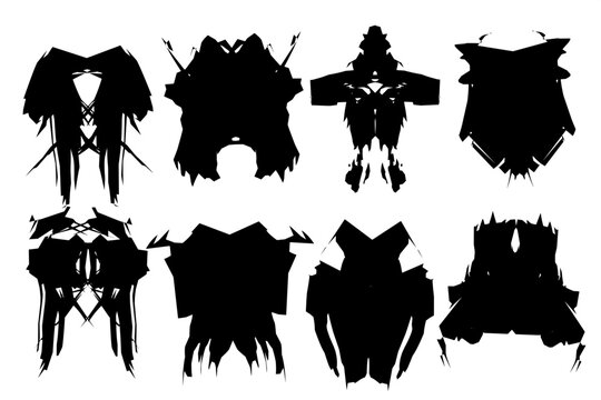 Collection of abstract black symmetrical rorschach inkblot design shapes isolated on white background with rorschach symmetrical abstract