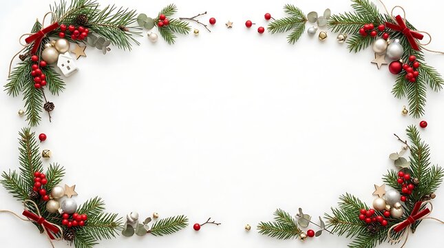 Decorative christmas frame made of evergreen pine branches and holiday ornaments with copy space