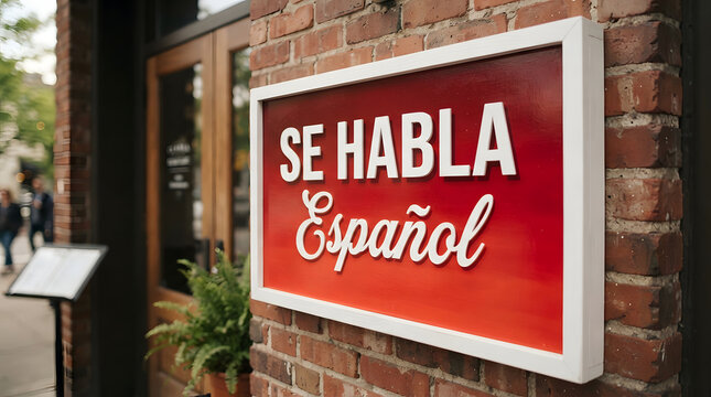 Spanish language sign displayed on brick wall exterior