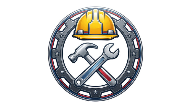 Industrial construction emblem featuring a bright yellow hard hat sitting above a crossed hammer and wrench set inside a metallic gear frame with small stars for a professional repair logo