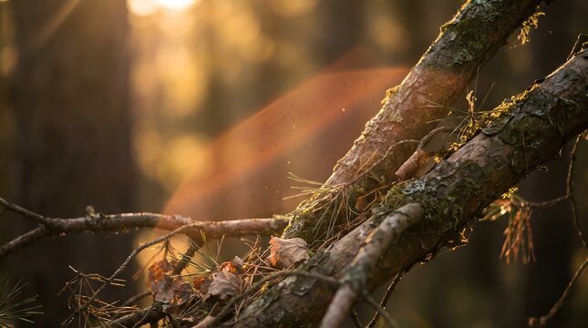 Golden sunset light illuminating mossy pine tree branches in a forest with beautiful lens flare
