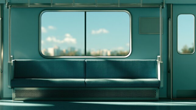 Empty modern subway train interior with teal padded seat and large window showing cityscape under blue sky with soft clouds during daytime