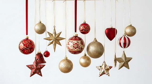 Festive christmas ornaments in red and gold colors hanging against a plain white background for holiday decoration