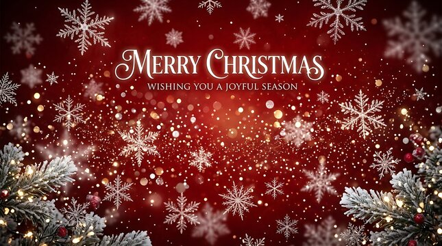 Merry Christmas greeting background with glowing snowflakes and festive holiday pine branches