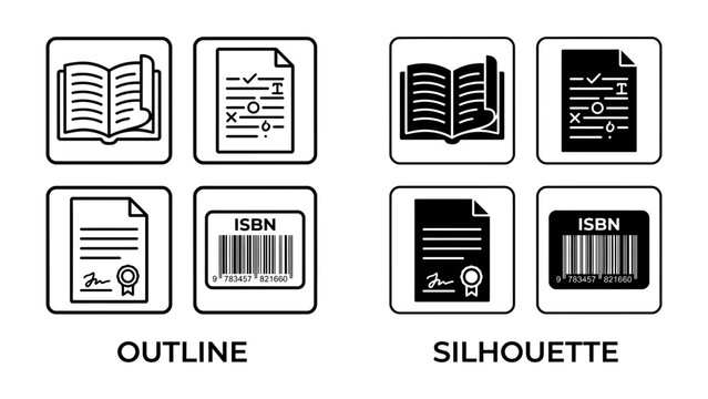 Book Icons Set: A collection of outline and silhouette icons representing an open book, document with checklist, page with seal, and ISBN barcode.