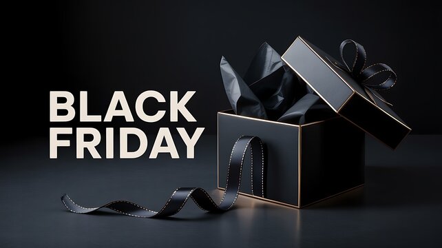 Open black gift box with ribbon and luxury wrapping paper for special sales event