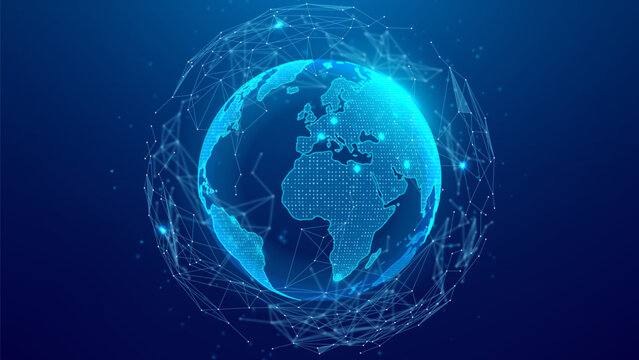Futuristic digital globe with glowing connections. Glowing Earth surrounded by polygonal grid symbolizing global network, high-tech 5G networks, wireless connectivity and telecommunications. Vector.