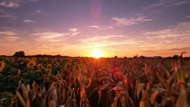 Golden hour sunflower field at sunset: cinematic rural landscape with warm sunlight and vibrant purple sky for nature and agriculture projects