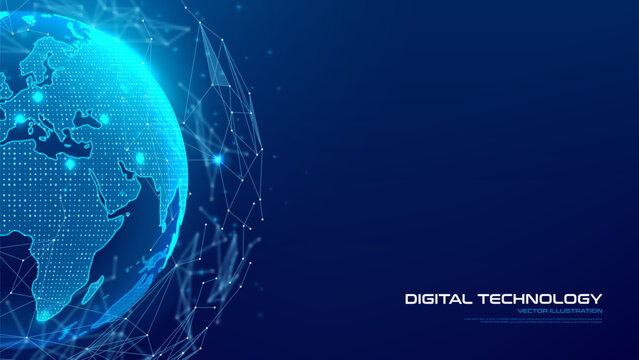 Digital globe with glowing connections. Glowing Earth surrounded by polygonal grid symbolizing global network, high-tech 5G networks, wireless connectivity and telecommunications. Vector illustration.