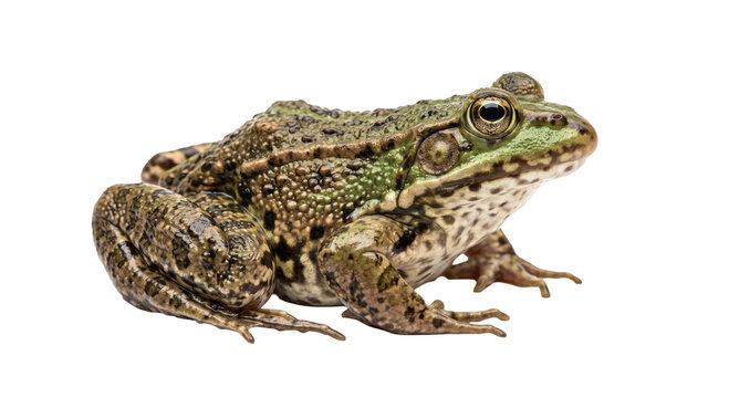 Green and brown frog with textured skin sitting on a white background