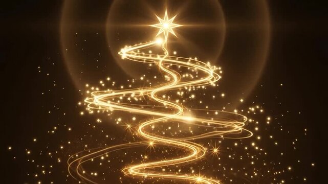 Abstract glowing christmas tree made of gold light trails and sparkling stars on a dark background