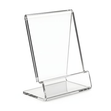 Transparent acrylic phone stand with angular support holds a smartphone in a modern office setting.