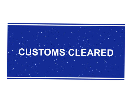Blue rectangular customs cleared rubber stamp sign with white text isolated on transparent background