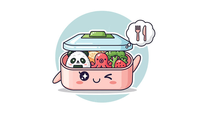 Cute Kawaii Bento Box with Panda Onigiri, Octopus, and Strawberry