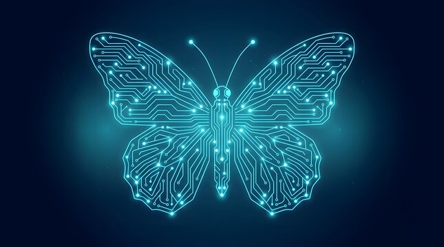 A glowing digital butterfly emerges from a network of interconnected blue light nodes forming its delicate wings.