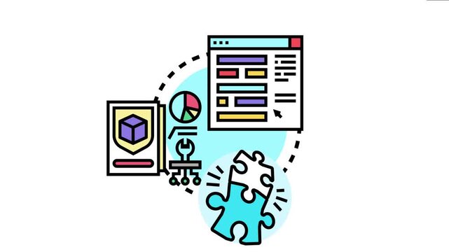 Design stage set a project lifecycle. With elements like web interface. Data charts. Product blueprints. And connecting puzzle pieces