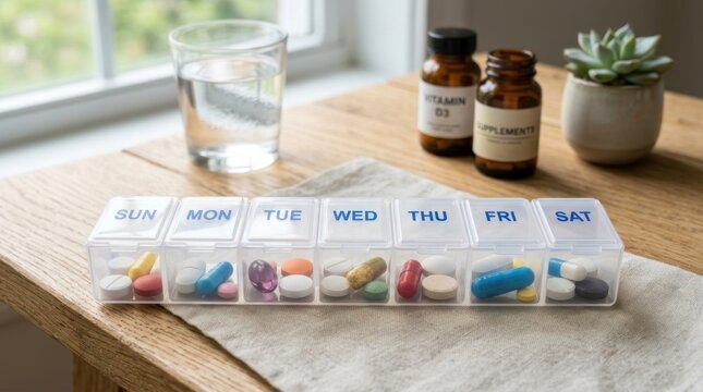 A clear plastic pill organizer sits on a wooden table next to a glass of water, a small succulent plant, and two amber-colored bottles of supplements.