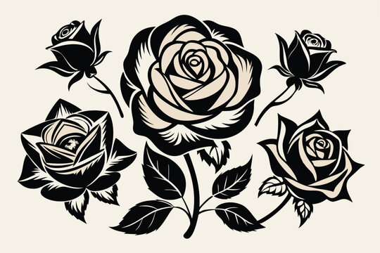 Elegant black and white rose vector illustration with floral elements and decorative design