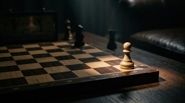 A single white chess pawn sits on a dark chessboard, illuminated by a focused light. The chess board is placed on a dark wooden table with a leather armchair in the blurred background.
