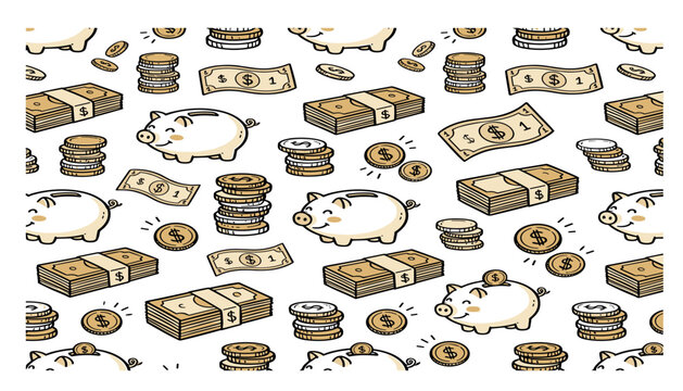Money and finance seamless pattern vector background with cute piggy banks gold coins and dollar bills design elements,