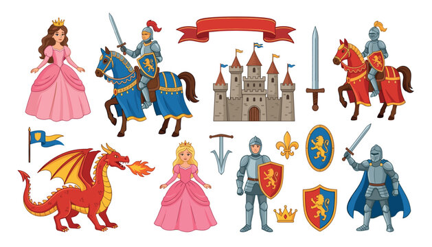 Medieval fairytale vector set featuring cartoon knights princess dragon castle shield sword and royal elements