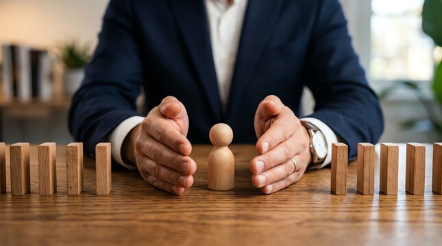 Business Protection concept with hands safeguarding wooden figure and dominoes