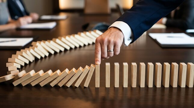 Businessman stopping falling dominoes in meeting room business strategy concept