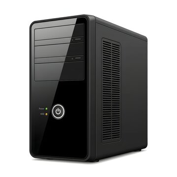 Black desktop computer tower with front ventilation slots and power button displayed against a plain white background.