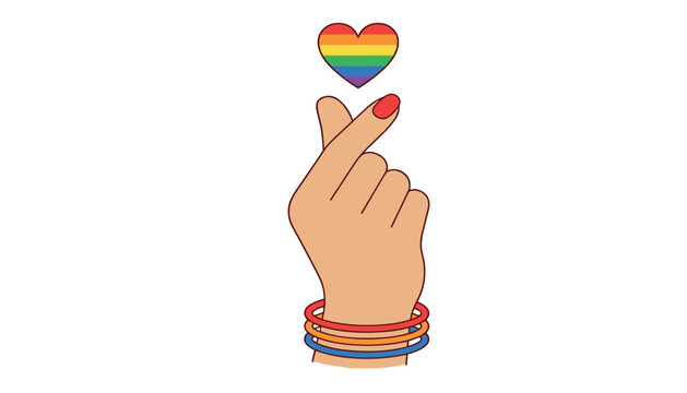 LGBTQ pride month mini hand heart gesture vector illustration with rainbow flag heart icon and colorful bangles isolated on white background