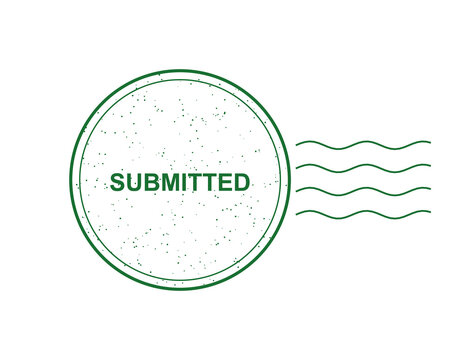 Green ink stamp with the word submitted and wavy postmark lines isolated on transparent background