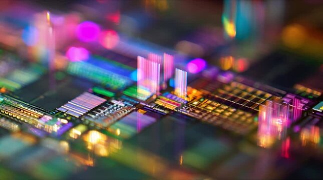 Extreme close up of silicon microchip wafer with rising vertical neon light beams and rainbow spectrum during precision semiconductor manufacturing process (AI Generated)