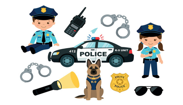 Cute police officer children vector clip art set with patrol cruiser car german shepherd k9 dog and security equipment isolated on white,