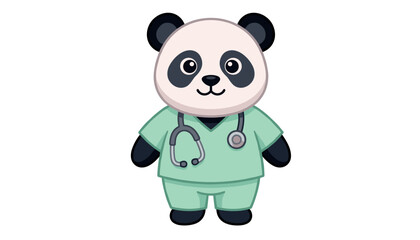 Cute panda doctor cartoon character wearing green medical scrubs uniform and stethoscope vector illustration mascot isolated on white © Siraj