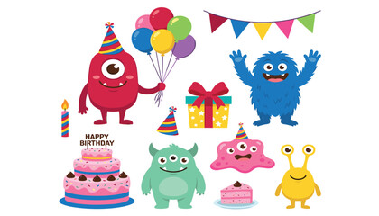 Fototapeta premium Cute monster birthday party vector bundle with cartoon alien characters cake balloons and celebration elements