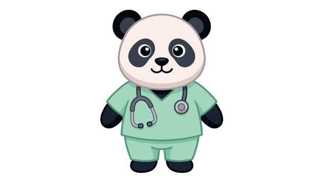 Cute panda doctor cartoon character wearing green medical scrubs uniform and stethoscope vector illustration mascot isolated on white