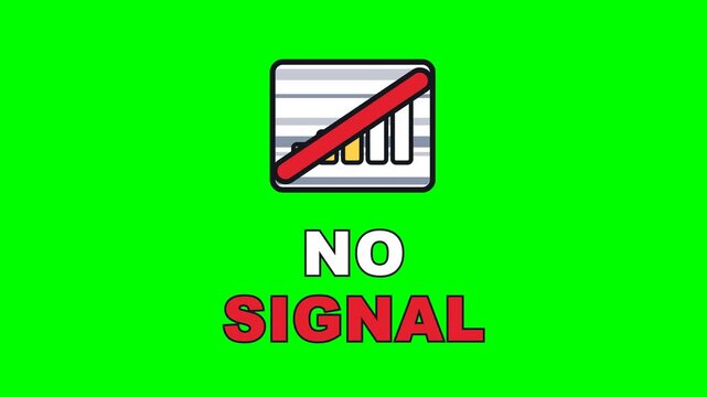 4K green screen NO SIGNAL animated text - static crawling over stuttering signal bars behind a red slash, kinetic typography tech and app status overlay for creators and social media, chroma key