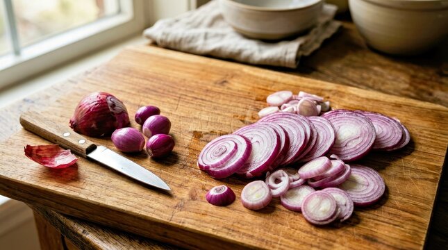 Sliced Red Onions on Wooden Cutting Board