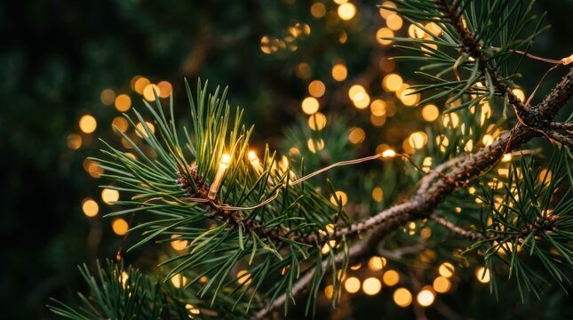 Glowing fairy lights on pine tree branches, festive Christmas holiday background bokeh
