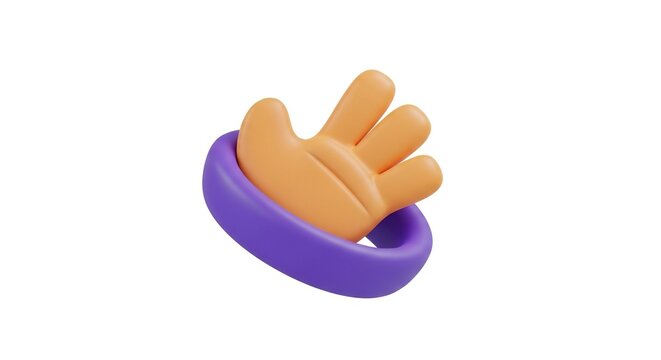 3D 3D Rendered Hand Waving Hello Gesture Through Purple Ring, Fun Cartoon Style, Isolated on White