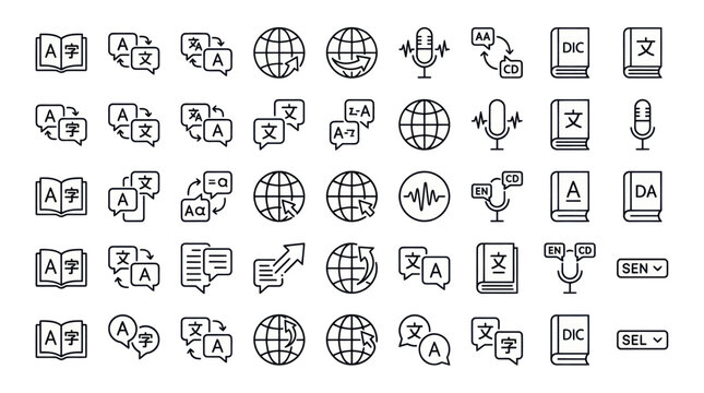 Professional language translation and global communication icon set.