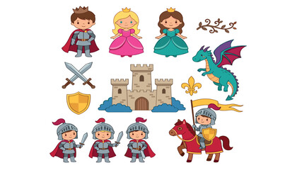 Fototapeta premium Cute fairytale kingdom vector set featuring prince princesses castle dragon and brave knights with armor isolated on white background
