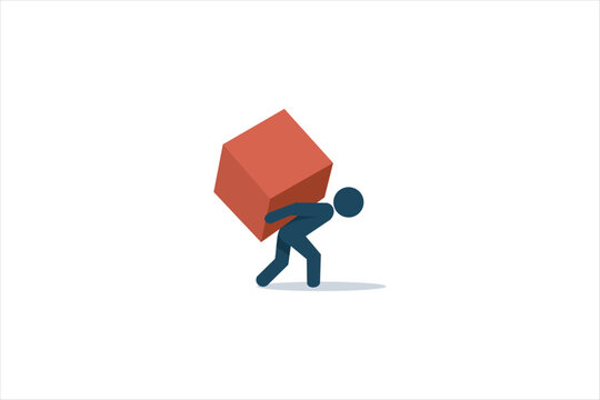 Man carrying heavy red cube box on his back. Conceptual vector illustration for workload, burden, pressure, and effort concept.