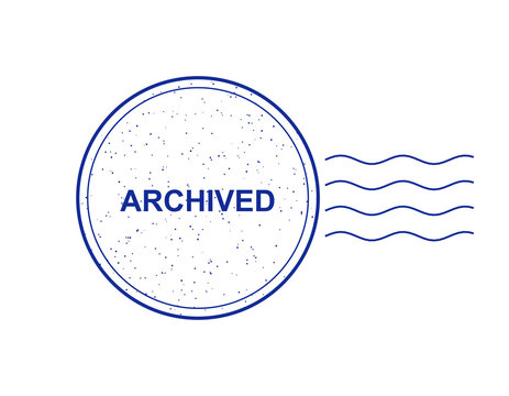 Blue ink rubber stamp impression with the word archived and wavy postmark lines isolated on transparent background