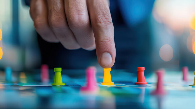 Strategic game piece placement on colorful board, showcasing hand selecting yellow pawn among red and green pieces, emphasizing decision making