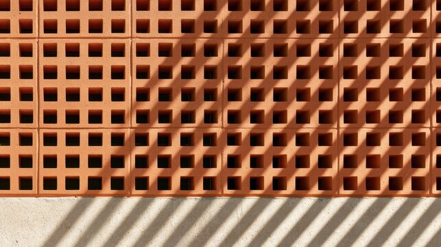 Terracotta perforated wall grid architectural pattern with diagonal sunlight shadows for modern design poster and textured background