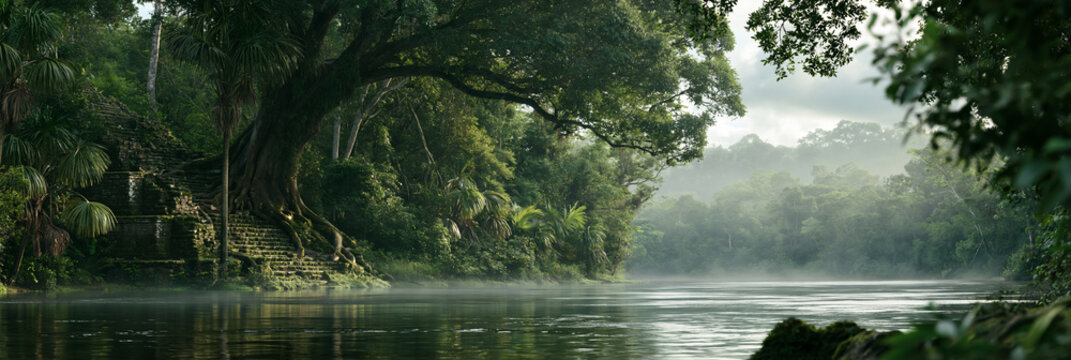 jungle river flowing past ancient mayan ruins, emerald river winding through tropical rainforest, ancient mayan stone ruins surrounded by dense jungle
