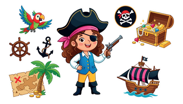 Cute cartoon pirate girl character with parrot treasure chest ship anchor helm skull flag and map vector illustration