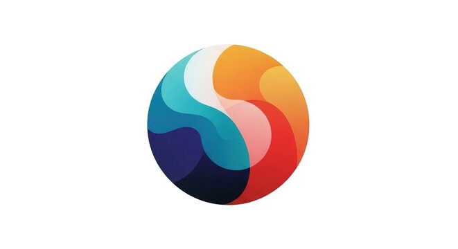 Abstract swirling sphere with smooth, vibrant, solid color shapes on a white background.